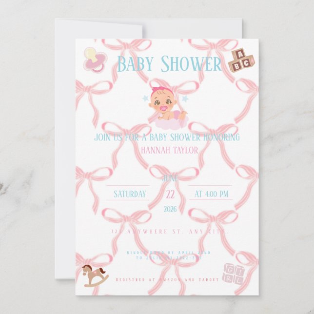 Pink Bow Baby Shower Invitation Customizable Inbjudningar (Framsida)