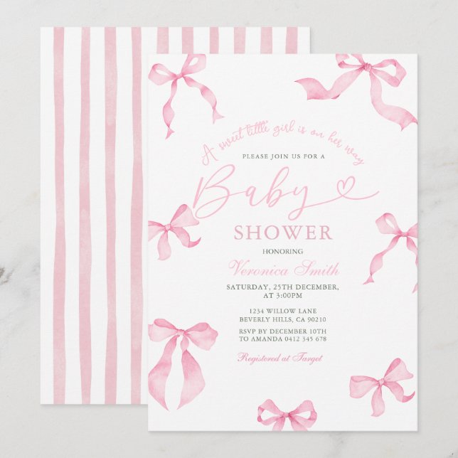 Pink Bow Baby Shower Invitation Inbjudningar (Fram/baksida)