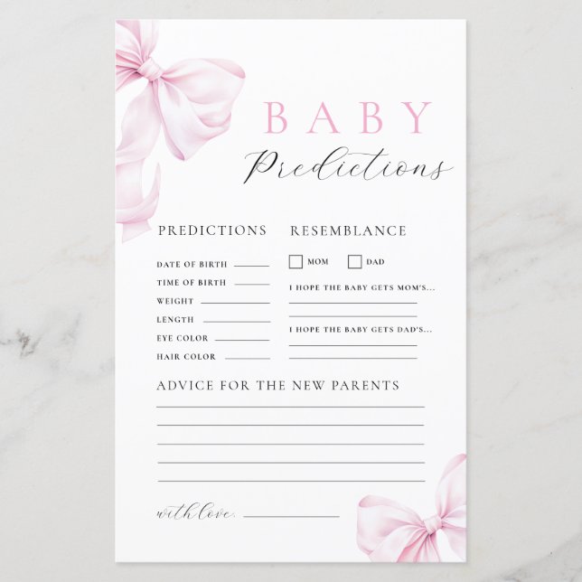 Pink Bow Baby Shower Prediction & Advice Game (Framsida)