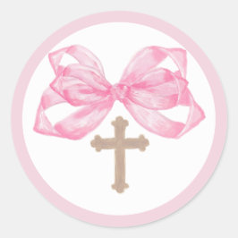 Pink Bow Baptism Envelope Seal Sticker Cross Round Runt Klistermärke