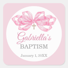 Pink Bow Baptism Favor Sticker Custom Watercolor Fyrkantigt Klistermärke
