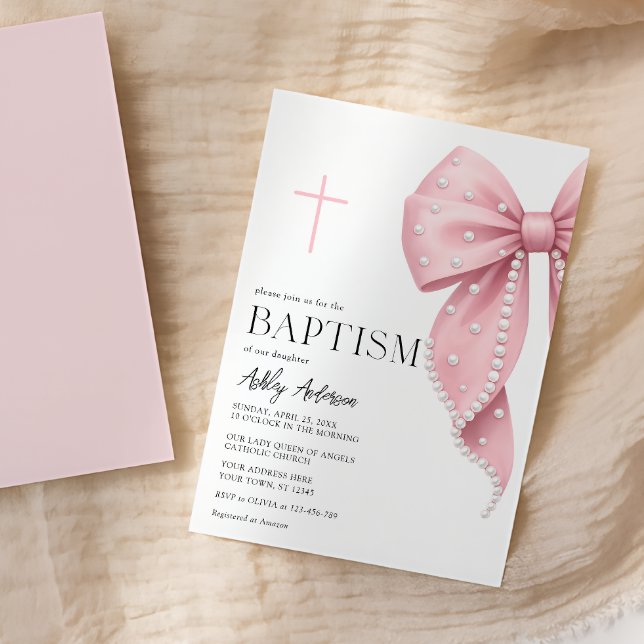 Pink Bow Baptism Girl Invitation Inbjudningar (Skapare uppladdad)