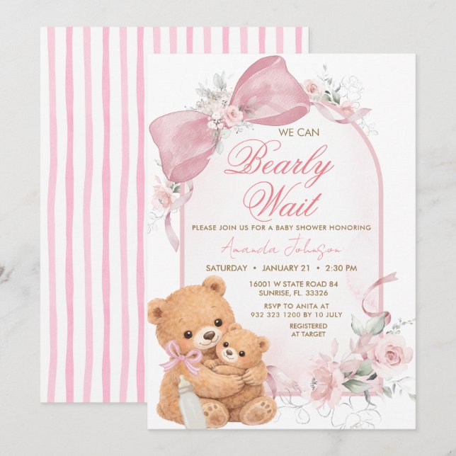 Pink bow Bearly Wait Baby Shower Invitation Inbjudningar (Fram/baksida)