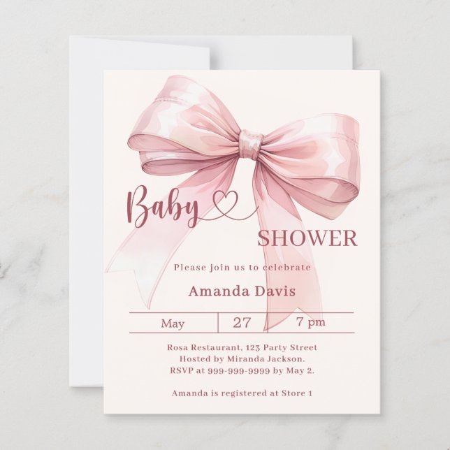 Pink bow beige girl Baby Shower invitation (Framsida)