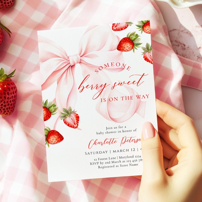 Pink Bow Berry Sweet Baby Shower Invitation Inbjudningar (Skapare uppladdad)