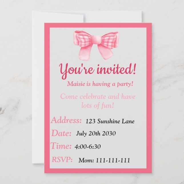 Pink Bow Birthday Invitation Inbjudningar (Framsida)