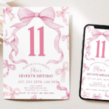 Pink Bow Birthday Invite, Girls 11th Birthday Invi