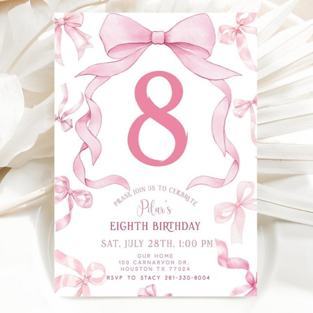 Pink Bow Birthday Invite, Girls 8th Birthday Invit Inbjudningar (Skapare uppladdad)