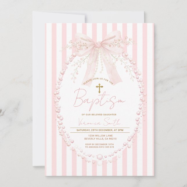 Pink Bow Blush Cross Stripes Baptism Invitation Inbjudningar (Framsida)
