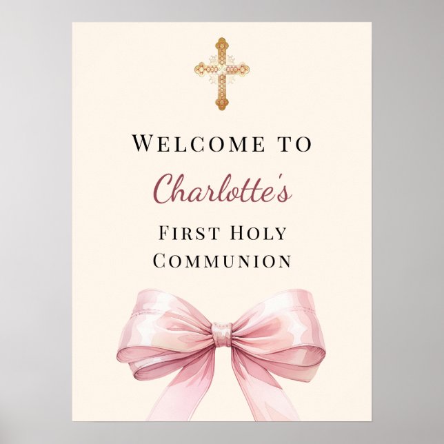 Pink bow blush ivory First Holy Communion welcome Poster (Framsidan)