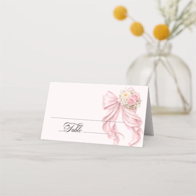 Pink Bow Bridal Shower Place Card Placeringskort (Framsida)