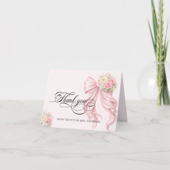 Pink Bow Bridal Shower Thank You Card Tack Kort (Framsida)