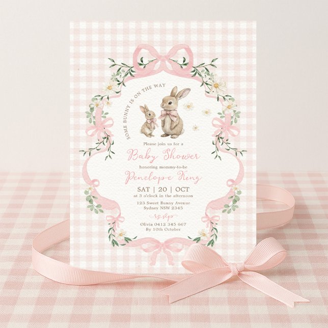 Pink Bow Bunny Gingham Floral Girl Baby Shower Inbjudningar (Skapare uppladdad)