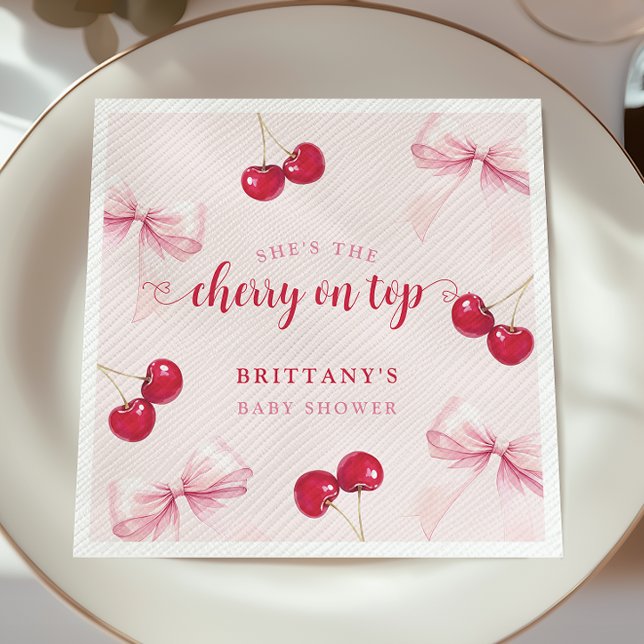 Pink Bow Cherry Baby Shower Napkins Pappersservett (Skapare uppladdad)