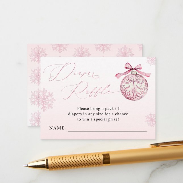 Pink Bow Christmas Ball Winter Girl Diaper Raffle Tilläggskort (Fram/Back In Situ)