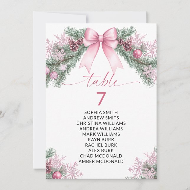 Pink Bow Christmas Table Number Seating Chart Inbjudningar (Framsida)