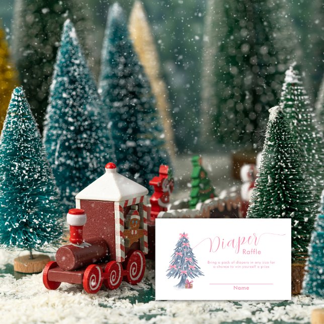 Pink Bow Christmas Tree Diaper Raffle Baby Shower  Tilläggskort (Pink Bow Christmas Tree Diaper Raffle Baby Shower Enclosure Card)