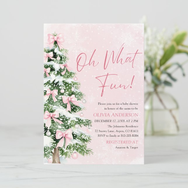 Pink Bow Christmas Tree Oh What Fun Baby Shower Inbjudningar (Stående Fram)