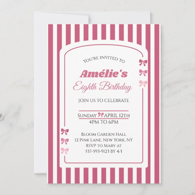 Pink Bow Coquette Aesthetic Girl Eighth Birthday Inbjudningar (Framsida)