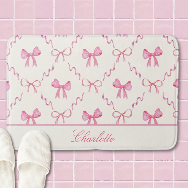Pink Bow Coquette Bath Mat Badrumsmatta (pink coquette bow calligraphy script bathmat with custom name, cute personalized gift for her)