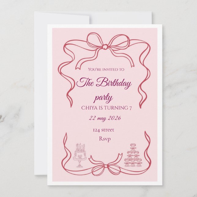Pink Bow Coquette Birthday Party Invitation Inbjudningar (Framsida)