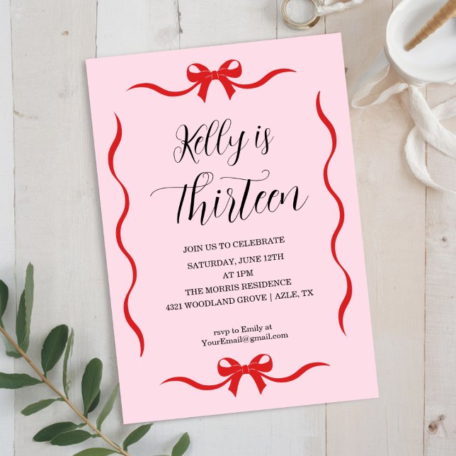 Pink Bow Coquette Bow Birthday Invitation, 13th Inbjudningar (Skapare uppladdad)