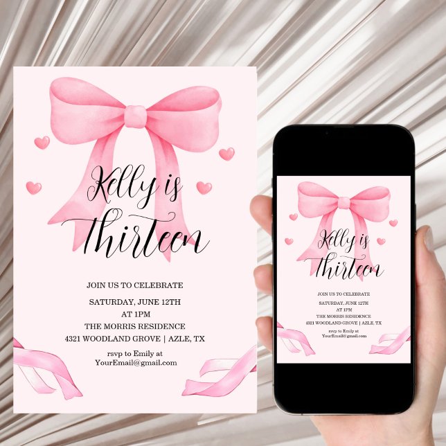 Pink Bow Coquette Bow Birthday Invitation, 13th Inbjudningar (Skapare uppladdad)
