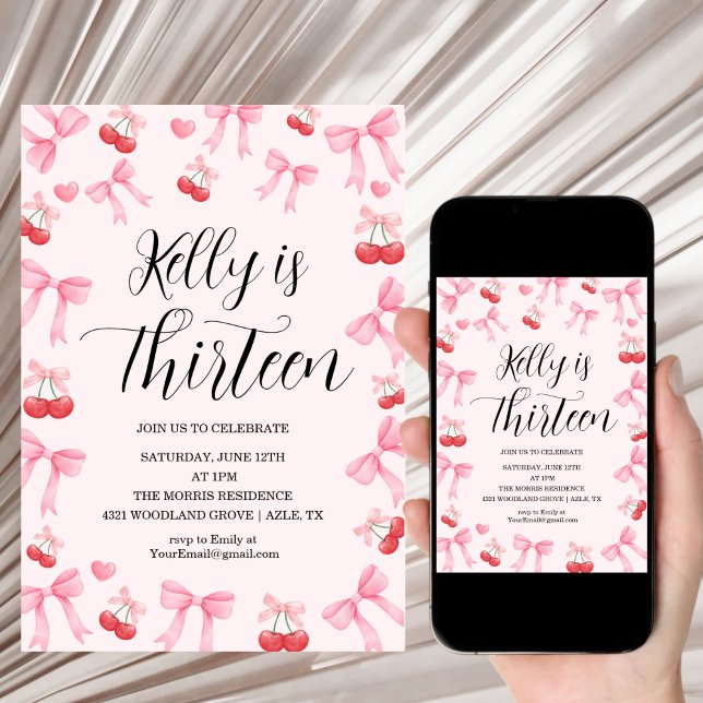 Pink Bow Coquette Bow Cherry Birthday, 13th Inbjudningar (Skapare uppladdad)