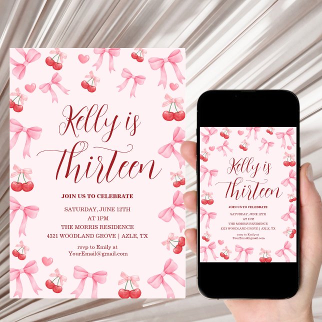 Pink Bow Coquette Bow Cherry Birthday, 13th Inbjudningar (Skapare uppladdad)