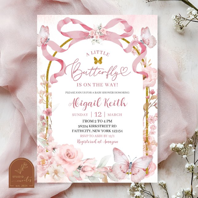 Pink Bow Coquette Butterfly Baby Shower Invitation Inbjudningar (Skapare uppladdad)