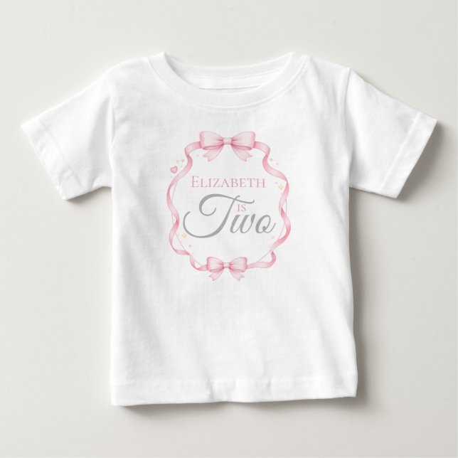 Pink Bow Coquette Elizabeth is Two 2nd Birthday T Shirt (Framsida)
