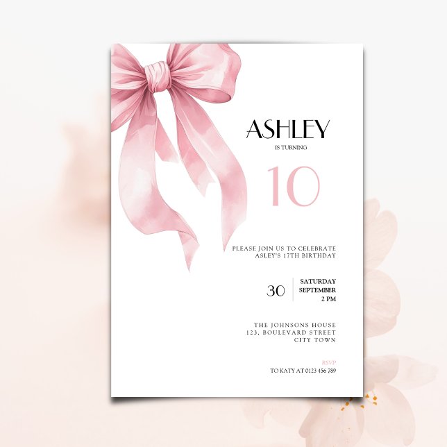 Pink Bow Coquette for Girls 10th Birthday Inbjudningar (Skapare uppladdad)