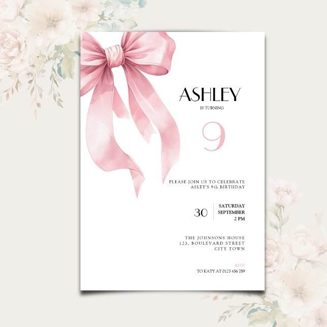 Pink Bow Coquette for Girls 9th Birthday Inbjudningar (Pink bow coquette ribbon 9th birthday invitation for girls)