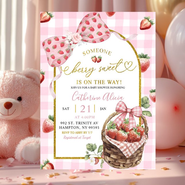 Pink Bow Coquette Gingham Berry Sweet Baby Shower Inbjudningar (Skapare uppladdad)