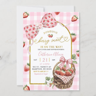 Pink Bow Coquette Gingham Berry Sweet Baby Shower Inbjudningar