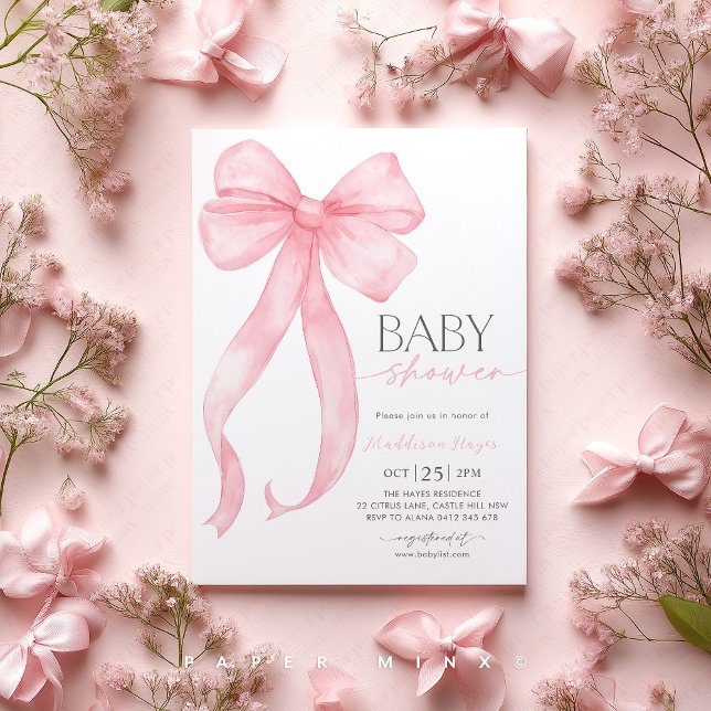 Pink Bow Coquette Girl Baby Shower Inbjudningar (Pink Bow Baby Shower Invitation | Baby Girl Coquette Baby Shower Party)