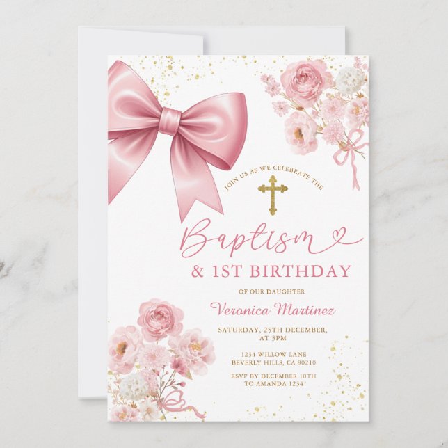 Pink Bow Coquette Girl Baptism and Birthday Floral Inbjudningar (Framsida)