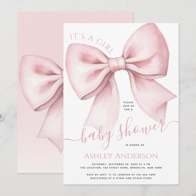 Pink Bow Coquette It's a Girl Baby Shower Inbjudningar (Fram/baksida)