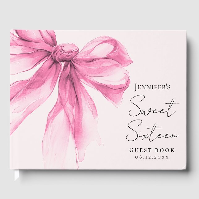 Pink Bow Coquette Script Sweet 16 Blush  Gästböcker (Framsida)