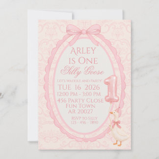 Pink Bow Coquette Silly Goose 1st Birthday Invitat Inbjudningar