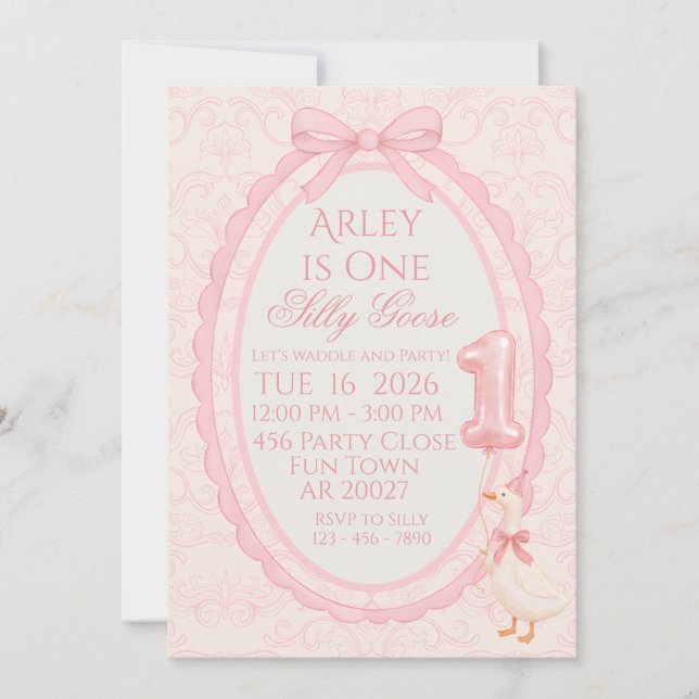 Pink Bow Coquette Silly Goose 1st Birthday Invitat Inbjudningar (Framsida)