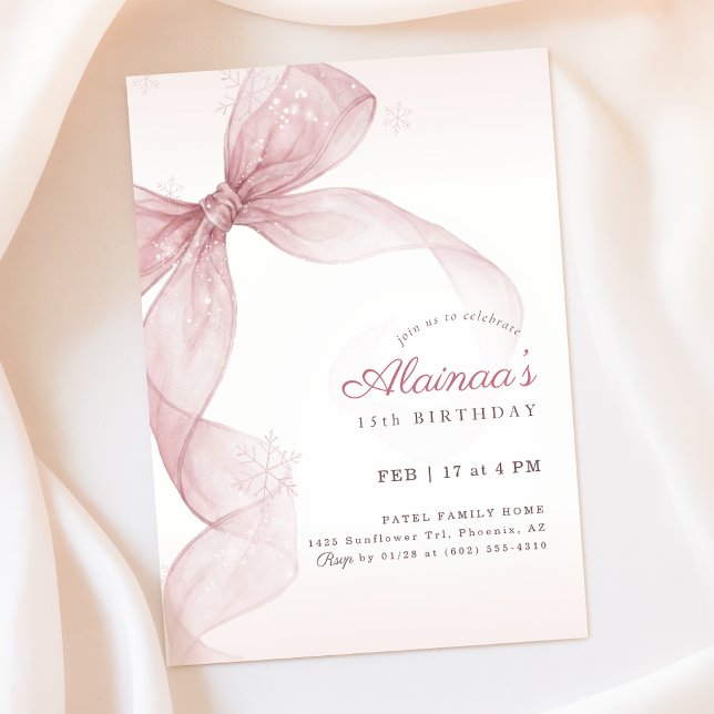 Pink Bow Coquette Snowflake Winter 15th Birthday Inbjudningar (Skapare uppladdad)