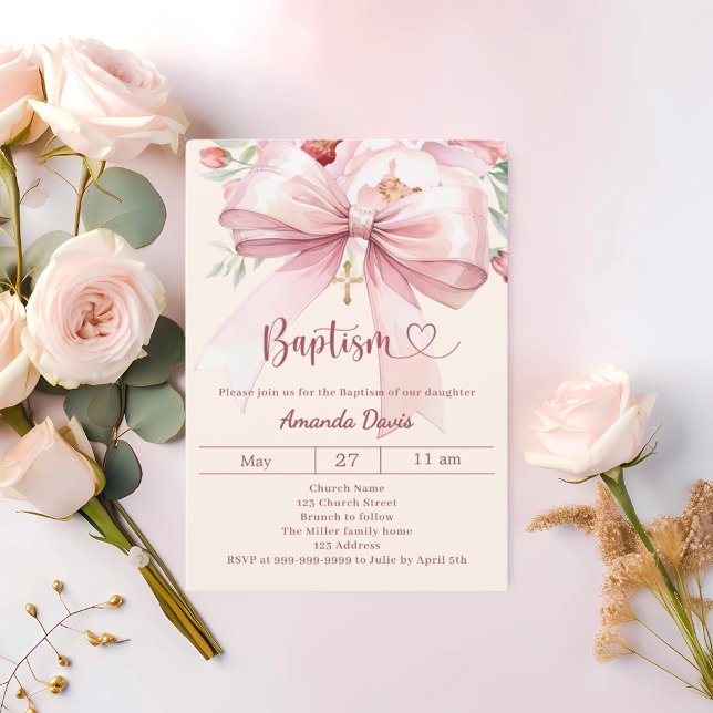 Pink bow cream florals girl Baptism Inbjudningar (Skapare uppladdad)