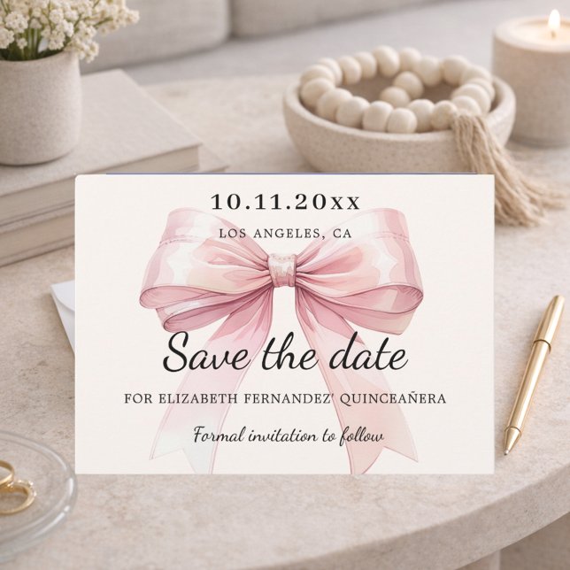 Pink bow cream Quinceanera Save the Date card Spara Datumet (Skapare uppladdad)