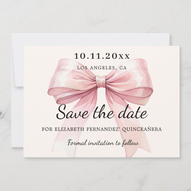 Pink bow cream Quinceanera Save the Date card Spara Datumet (Framsida)