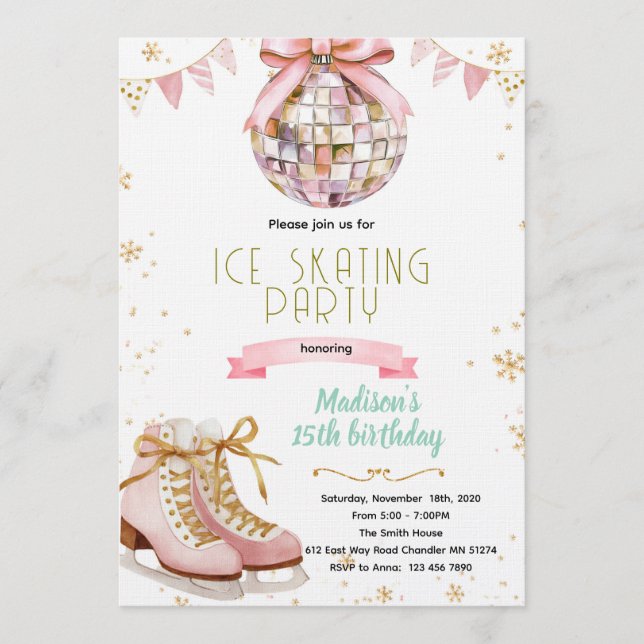 Pink bow disco ice skating party invitation inbjudningar (Framsida)