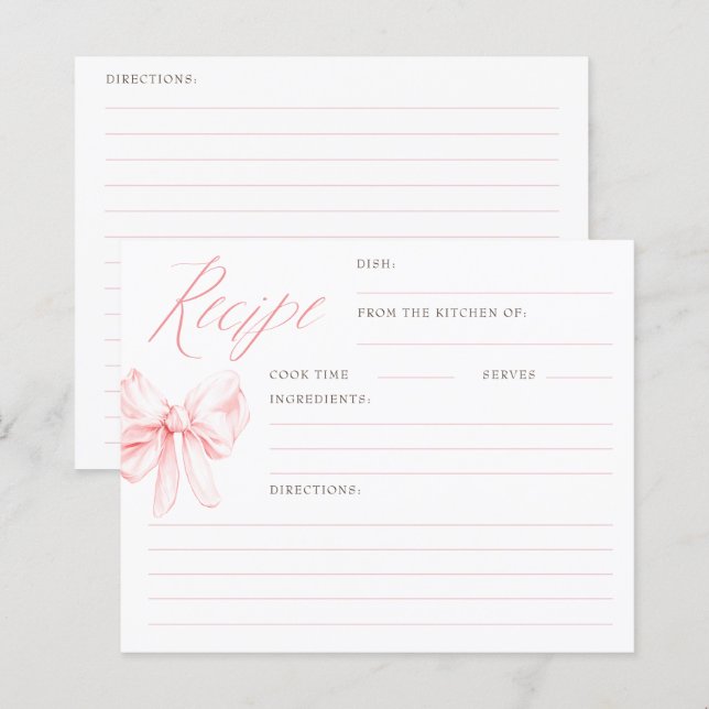 Pink Bow Elegant Bridal Shower Recipe Cards (Fram/baksida)