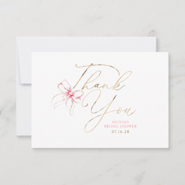 Pink Bow Elegant Chic Whimsical Thank You Card Tack Kort (Framsida)