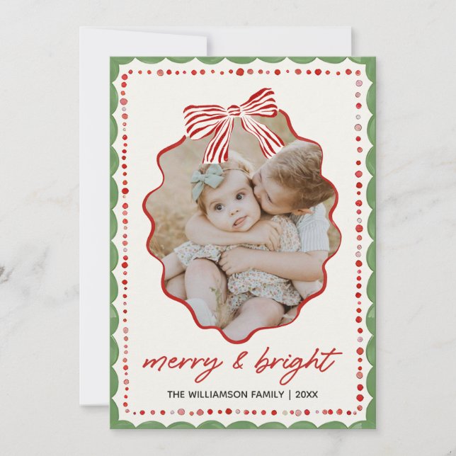 Pink Bow Family Photo Christmas Holiday Card Julkort (Framsida)