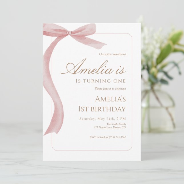 Pink Bow First Birthday Invitation Watercolor  Inbjudningar (Stående Fram)